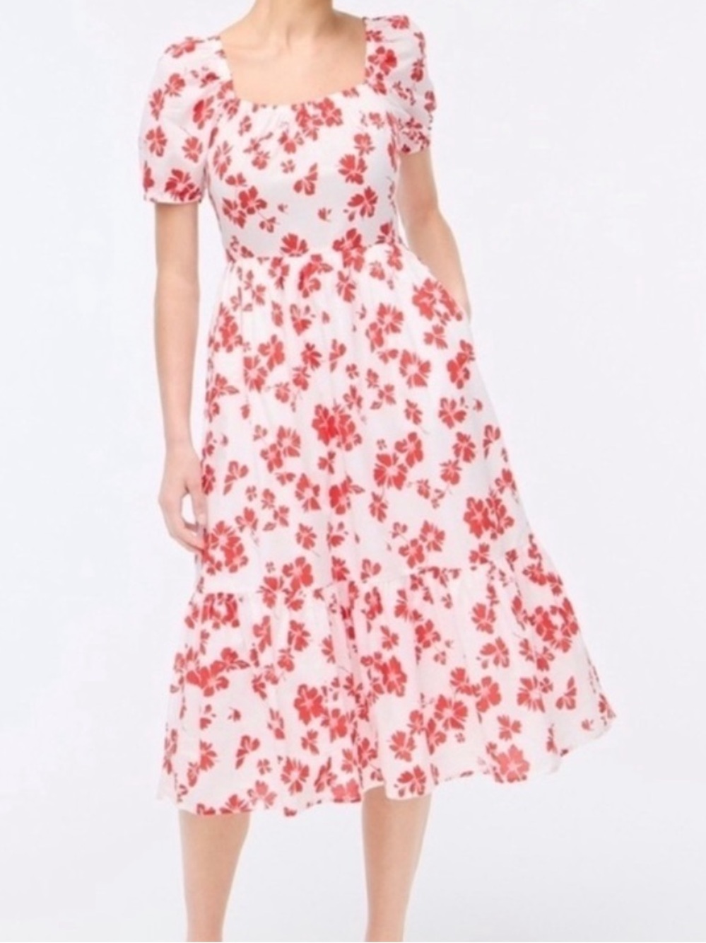 J. Crew Factory Midi Dress White & Red Floral Pattern, Size 2